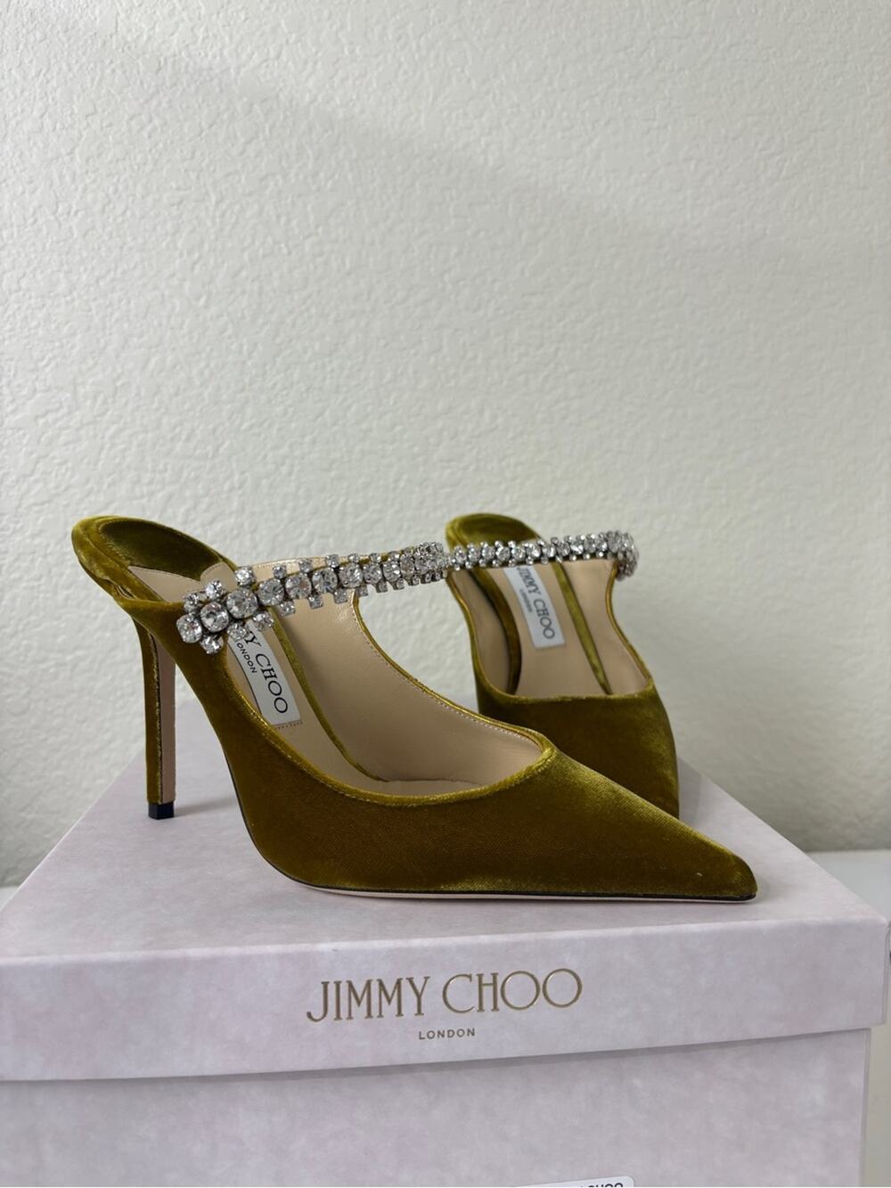Jimmy Choo Bing Velvet Crystal-Strap Pointed Toe Mules 100 37